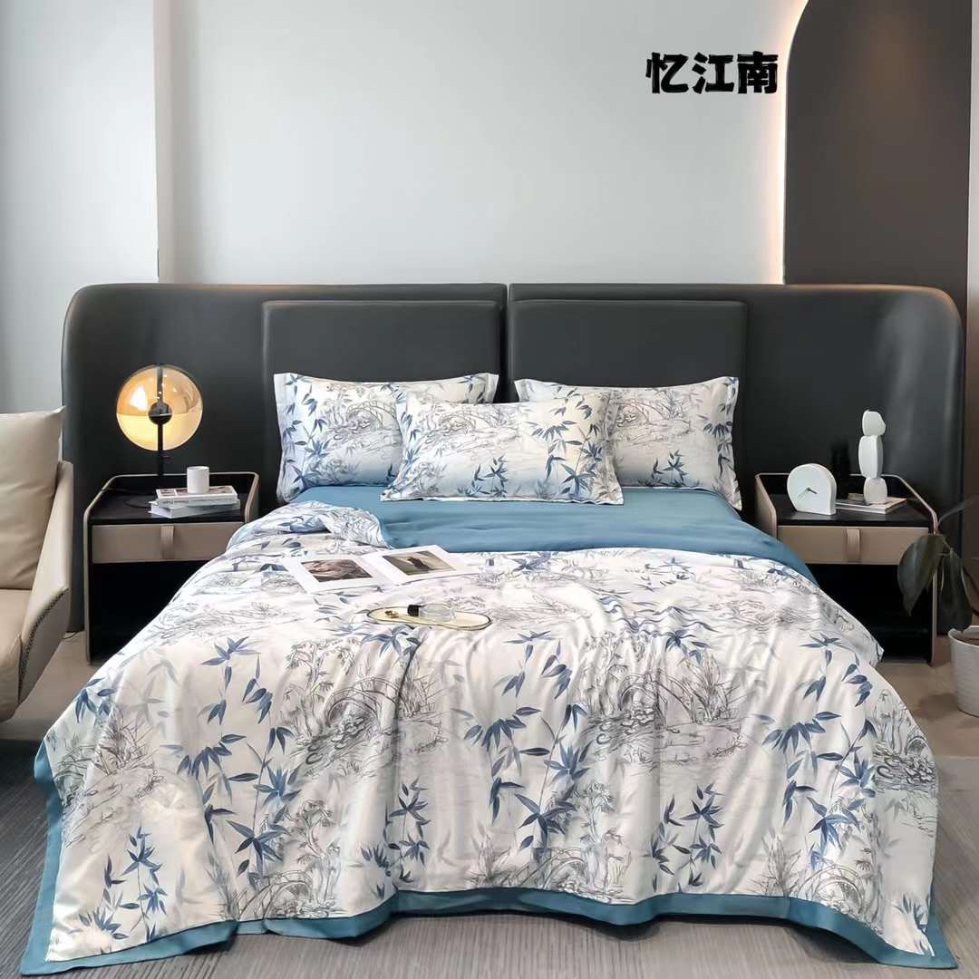 (Siêu đẹp) Bộ chăn ga gối Lụa Thái - Chăn chần bông hè mỏng - Hàng nhập chuẩn - Mền hè thu, drap phủ/bo chun free [Lá tre xanh nhạt]🍃🍁