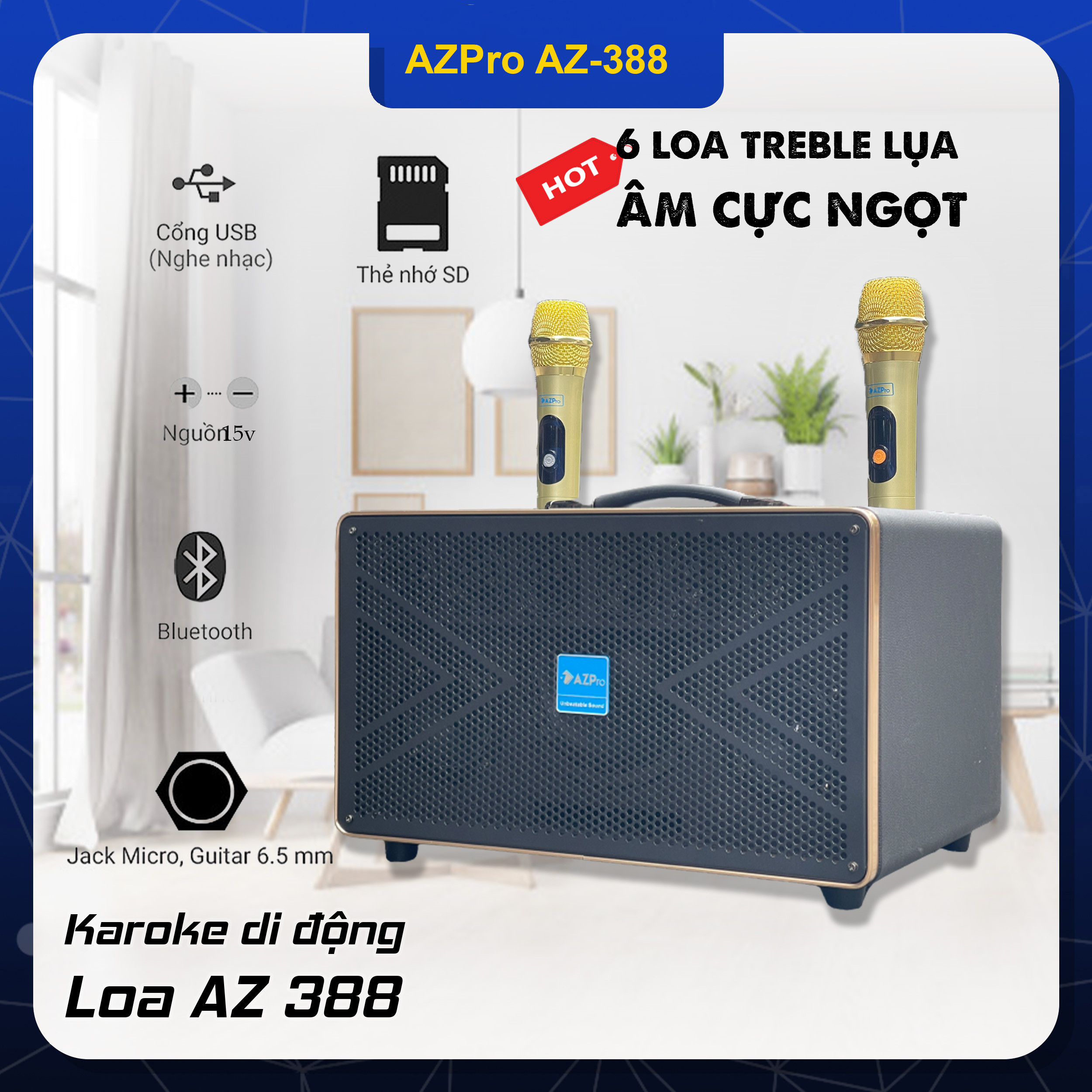 Loa Kéo Di Động Azpro AZ-388 Bass 16cm, 2mid, Và Kèm 6 Chiếc Loa Treble, Loa Karaoke Xách Tay Có 9 Đường Tiếng, Tặng 2 Micro Chống Hú Với Thiết Kế Mạnh Mẽ Vỏ Gỗ Bọc Da Tổng Hợp, Sang Trọng, Loa Bass Chắc, Âm Thanh Hơn Hẳn Các Loa