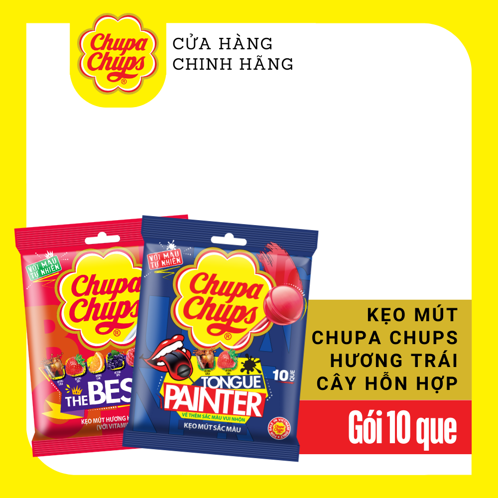 Kẹo mút Chupa Chups (Gói 10 que) Hương trái cây hỗn hợp và kẹo mút tô màu lưỡi hương Dâu và Cola