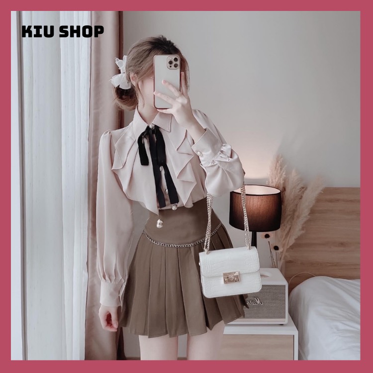 Áo sơ mi cổ bèo rủ tiểu thư phối dây nơ xinh xuất sắc