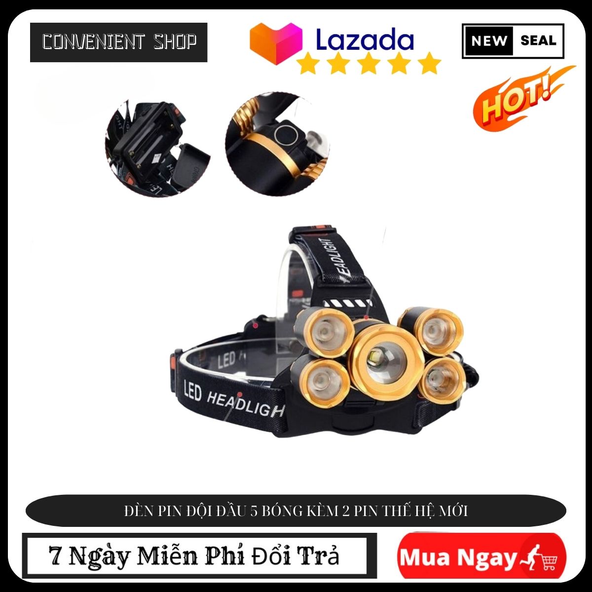 Đèn pin đeo đầu , đèn pin siêu sáng . đèn pin đội đầu 5 bóng kèm 2 pin thế hệ mới - đèn pin đội đầu thế hệ mới .