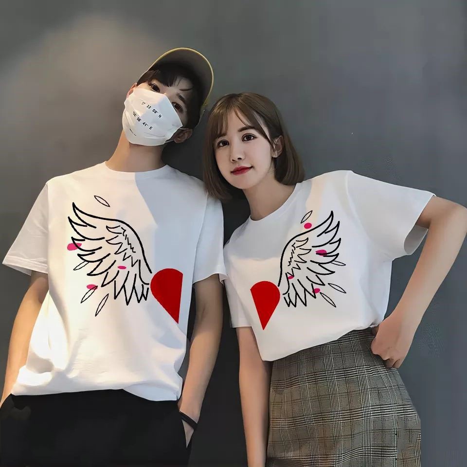 Áo Cặp Đôi Ngắn Tay Nam Nữ In Họa Tiết Dễ Thương Cánh Tiên Ghép Nửa Phong Cách Teen