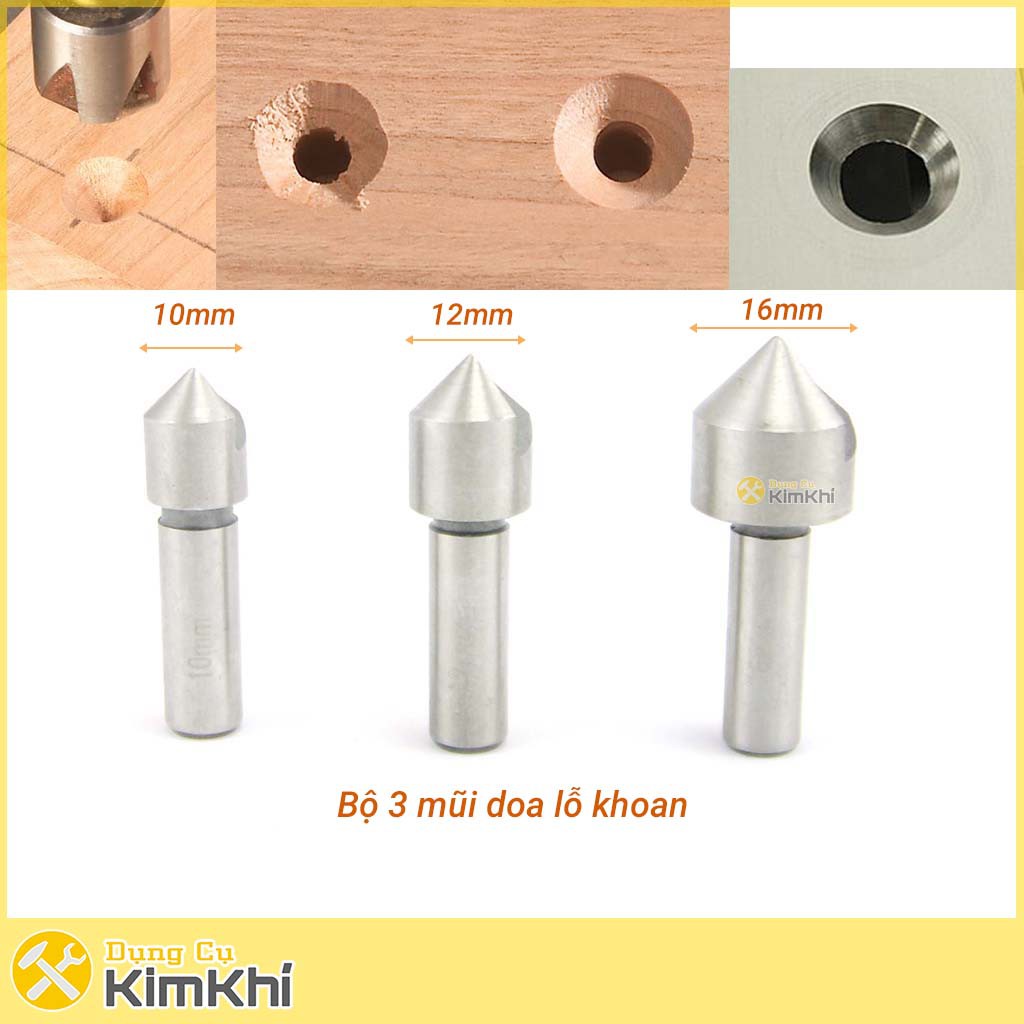 Bộ 3 mũi doa lỗ khoan nhôm, gỗ lưỡi đơn 10-16mm thép gió hss4241