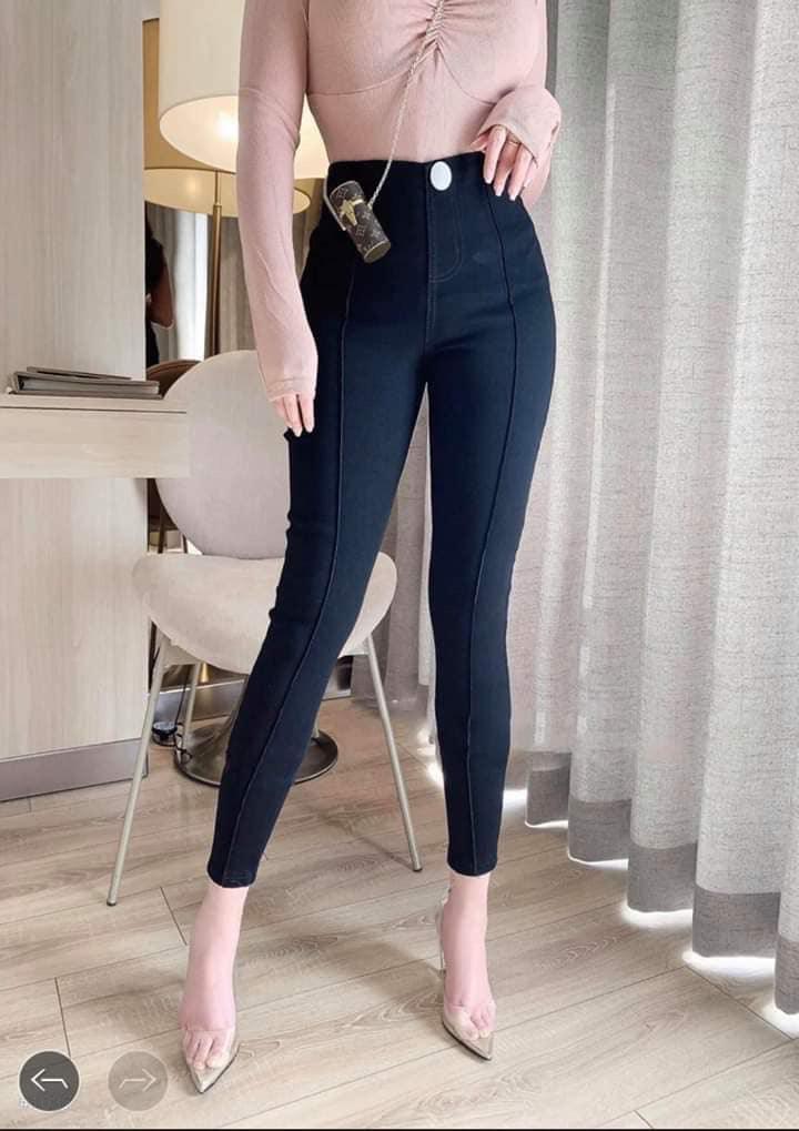 Quần bò giấy mix gân giữa cạp cao siêu chất, 2 màu đen - xám