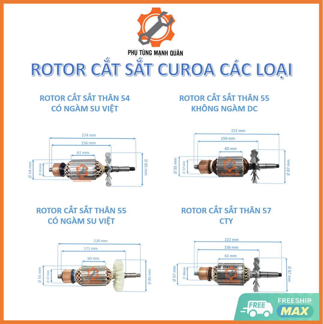 Rotor/ruột máy cắt sắt dây curoa thân 54 có ngàm suviet, thân 55 không ngàm dc, thân 55 có ngàm suviet, thân 57 cty tặng kèm chổi than cao cấp