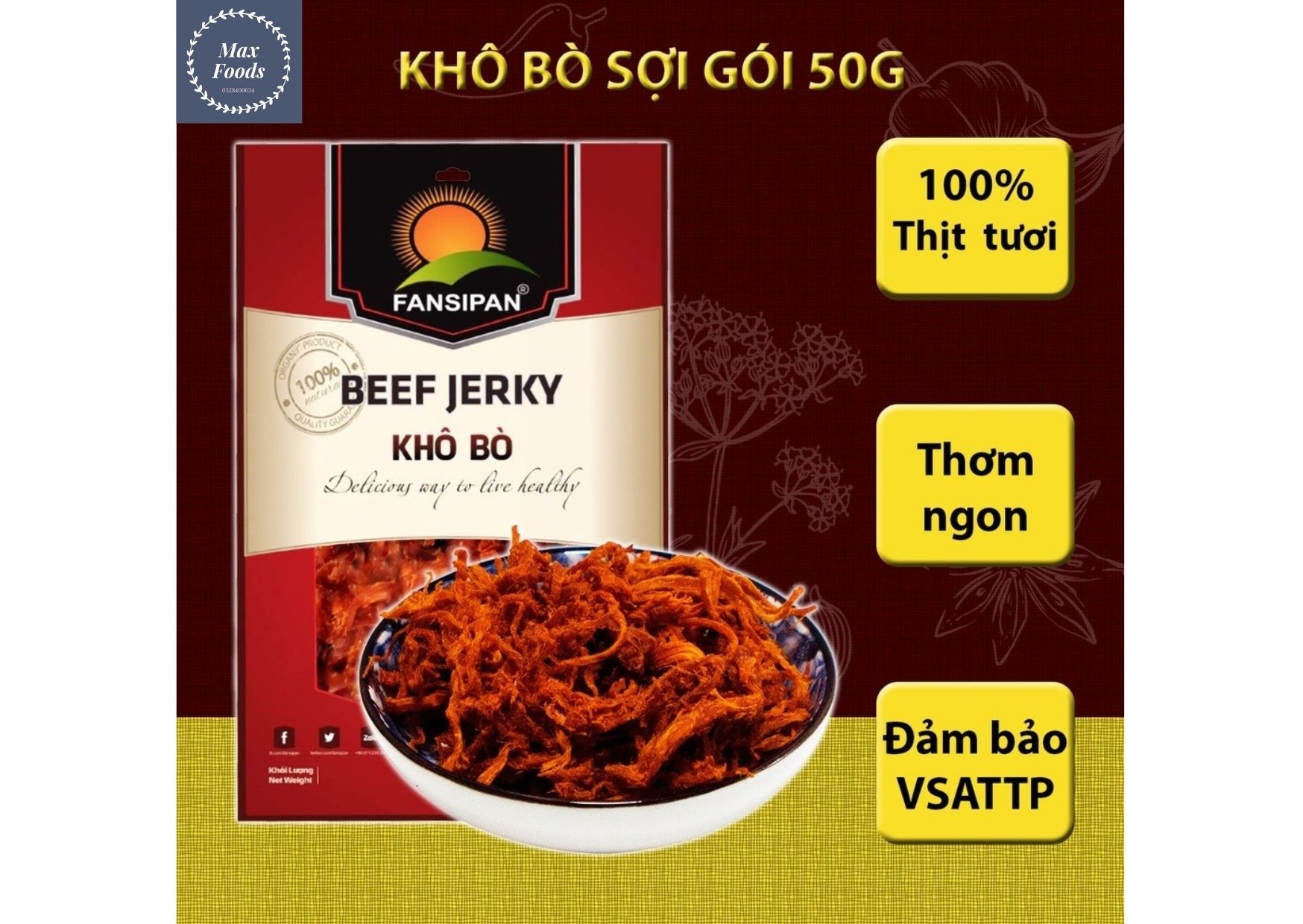 [RẺ VÔ ĐỐI - Ăn vặt quốc dân ] Khô bò xé thượng hạng gói 50gr loại 1 - M01- Max Foods - bò khô sợi thơm ngon- đảm bào vệ sinh an toàn thực phẩm - khô bò sợi giòn - đậm vị