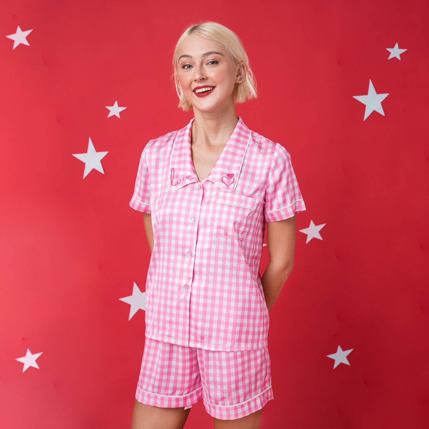 Peachie bộ đồ ngủ pijama nữ ngắn - lụa satin - hồng caro n212