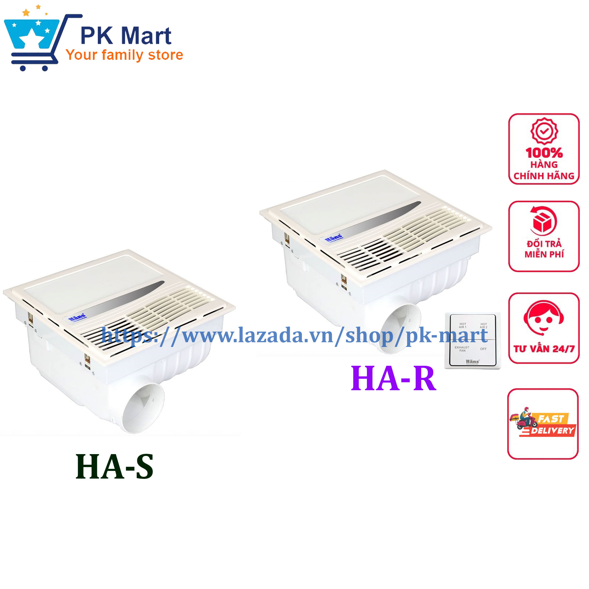 Quạt âm trần thông gió kèm sưởi thổi Hans HA-S HA-R