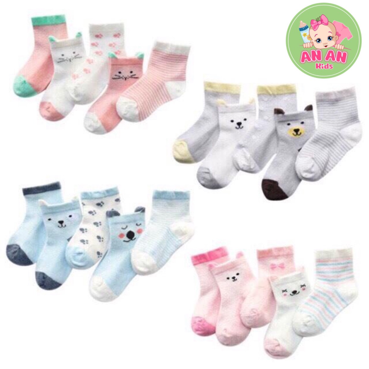 Set 5 đôi tất lưới cổ cao hình mặt gấu cao cấp cho bé