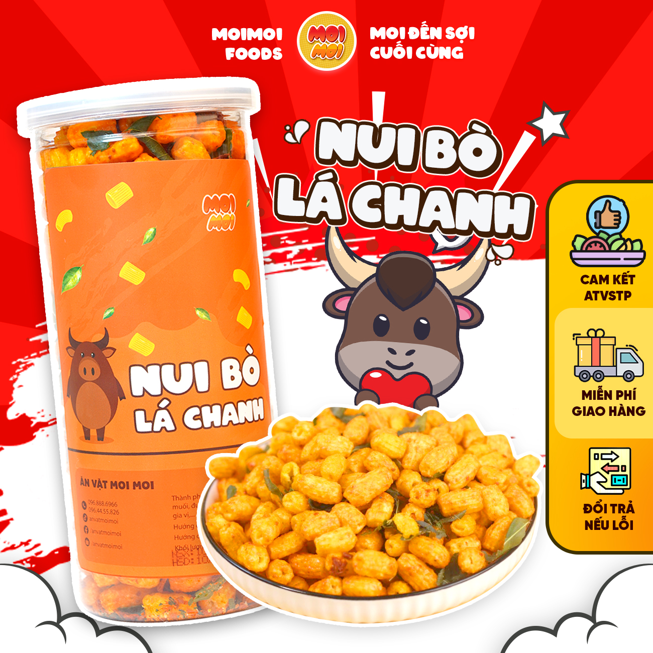Nui sấy khô bò lá chanh, nui giòn xóc bò lá chanh MoiMoi đồ ăn vặt 300g