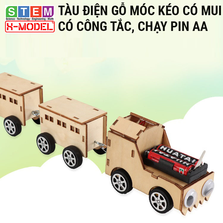 Xe đồ chơi STEM Tàu điện gỗ có móc kéo X-MODEL cho bé, Đồ chơi sáng tạo cho bé DIY| Giáo dục STEM, STEAM