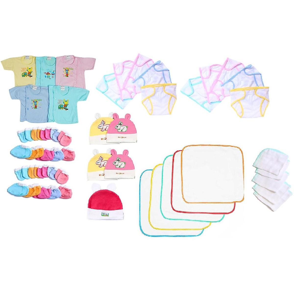 [hcm]50 món đồ dùng cho bé sơ sinh (5 áo màu tay dài 10 tã dán 5 nón 10 bao tay 10 bao chân 5 lót 5 khănsữa 4 lớp)
