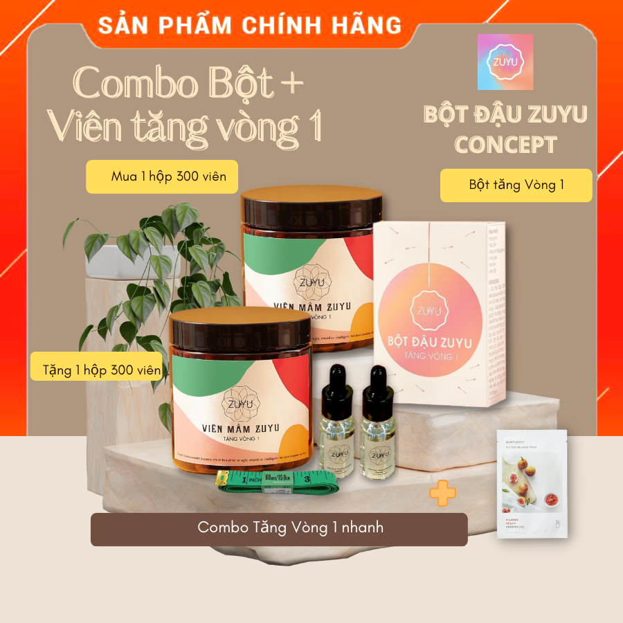 Combo Bột đậu Tăng Vòng 1 và Viên Mầm ZuYu (Mua 1 tặng 1) - Tặng kèm tinh dầu massage V + THƯỚC ĐO