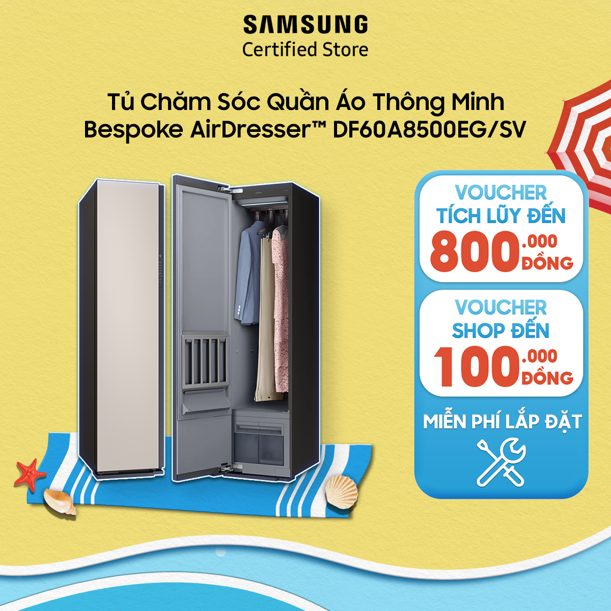 [KHÔNG COD][FreeSHIP + Lắp Toàn Quốc] Tủ Quần Áo Thông Minh Samsung Bespoke AirDresser™ DF60A8500EG/SV | Hấp hơi nước | Giảm nhăn