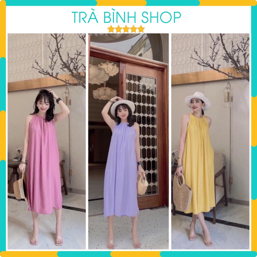 Đầm dáng suông váy suông kiểu maxi cổ yếm chất đũi mát