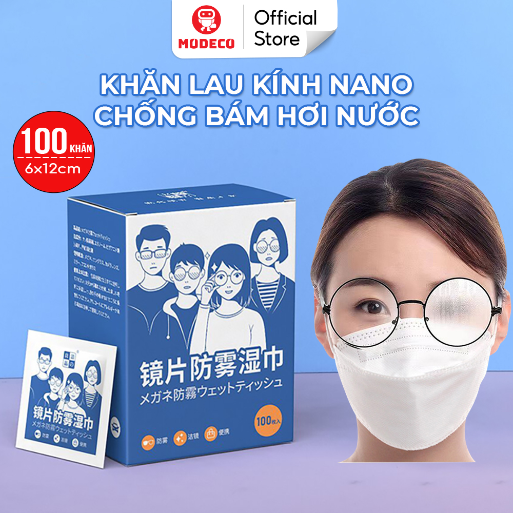 Khăn Lau Kinh Nano Modeco Chống Bám Hơi Nước, Lau Sạch Bụi Bẩn, Khử Khuẩn, Sạch Nhờn Vân Tay Bụi Bẩn Trên Mắt Kính, Điện Thoại, Laptop, Máy Ảnh - Hộp 100 Khăn