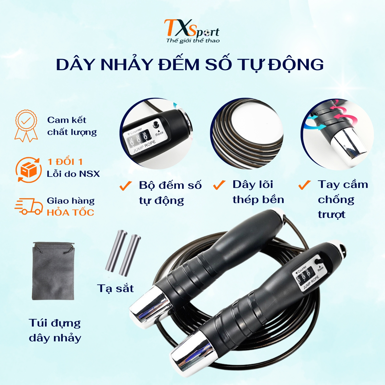 Dây nhảy, dây nhảy thể lực tập thể dục thể thao giảm cân lõi thép cao cấp 2,7m nhiều màu txsport