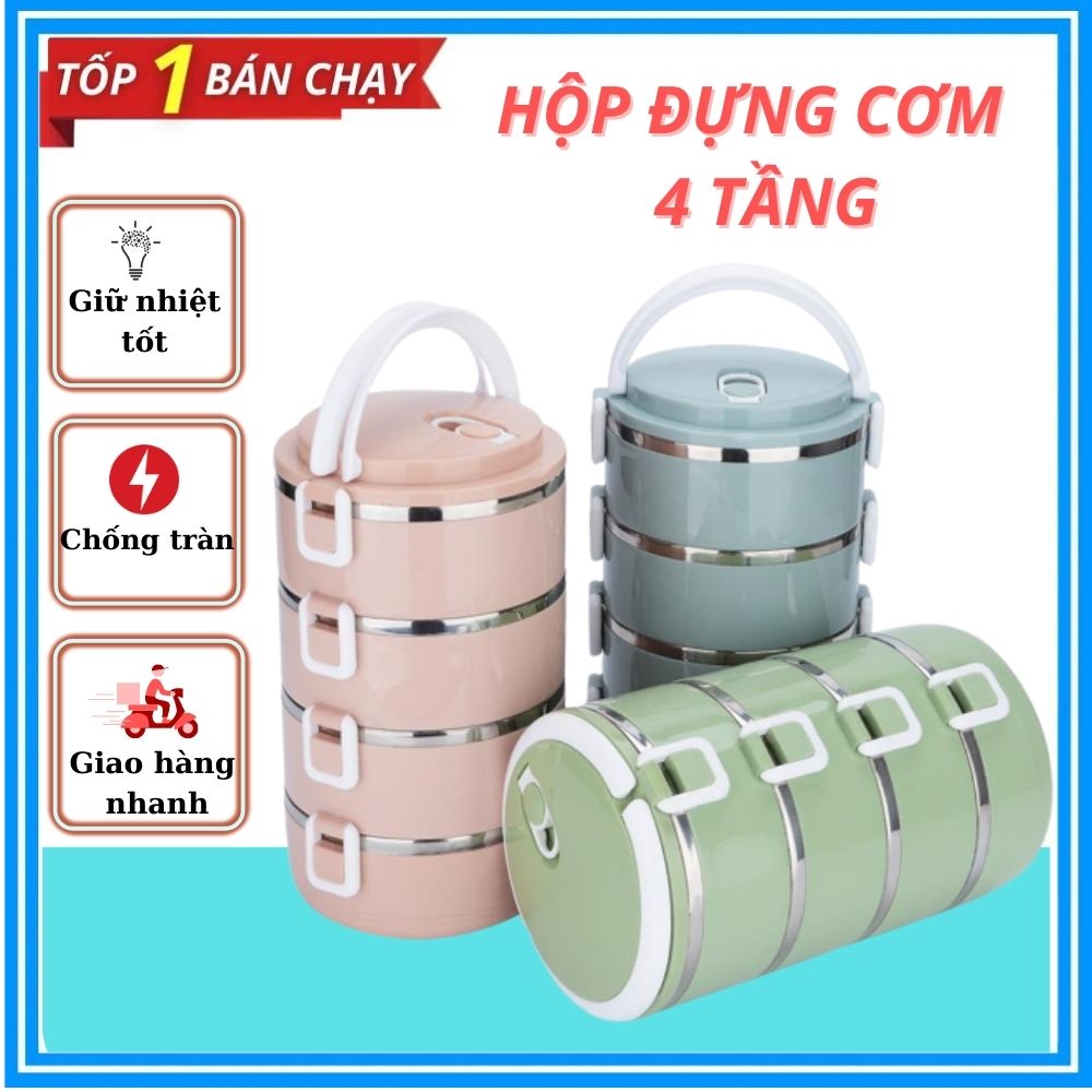 Cặp lồng 4 tầng lúa mạch, Hộp cơm 4 tầng, Cặp lồng cơm 4 tầng chống tràn, Hộp cơm lúa mạch 4 tầng tiện lợi
