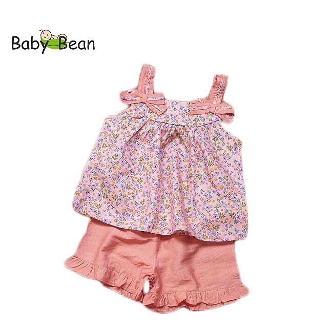 Bộ Đồ Cotton Hoa Bản Dây Gắn Nơ Bé Gái BabyBean (10kg-30kg)