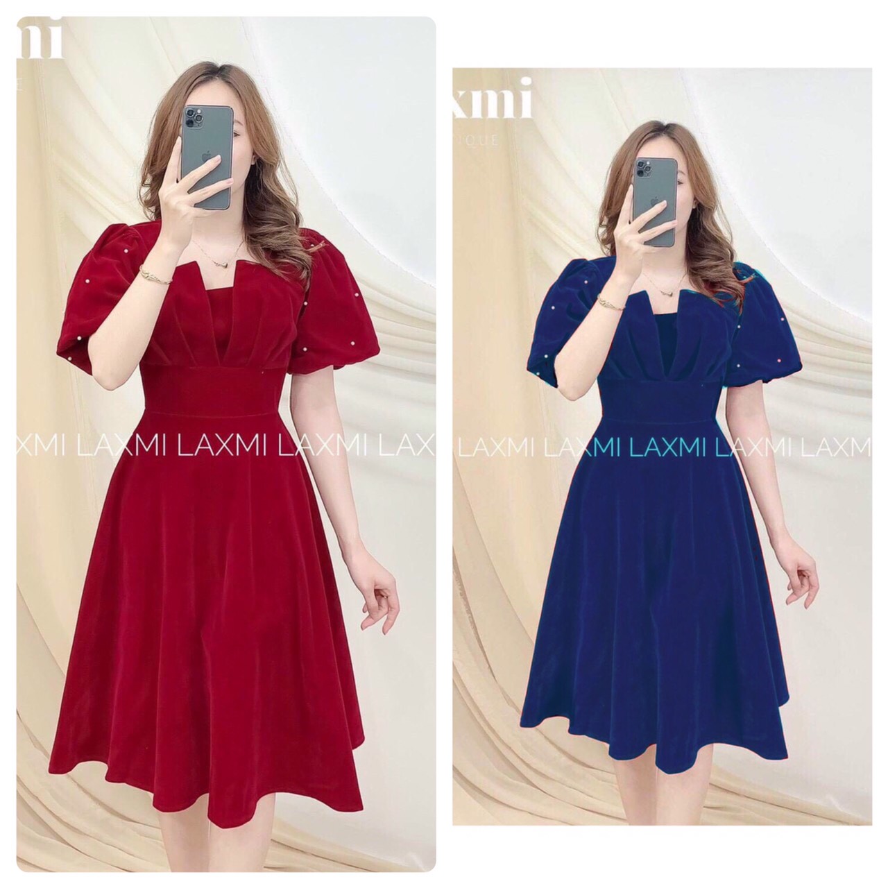 Đầm dự tiệc xếp ly ngực tay phồng kết ngọc