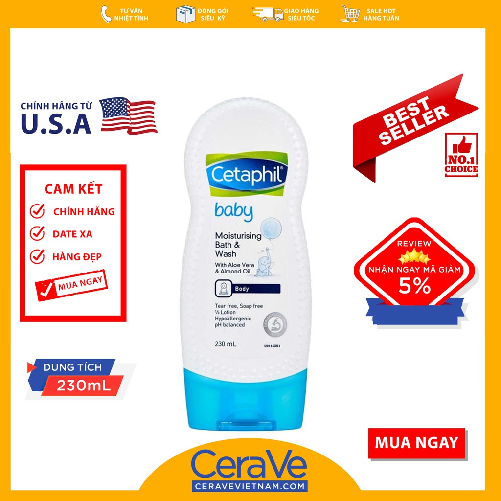 [HCM]Cetaphil Baby Moisturizing Bath & Wash - Sữa tắm dưỡng ẩm cho bé (230mL)