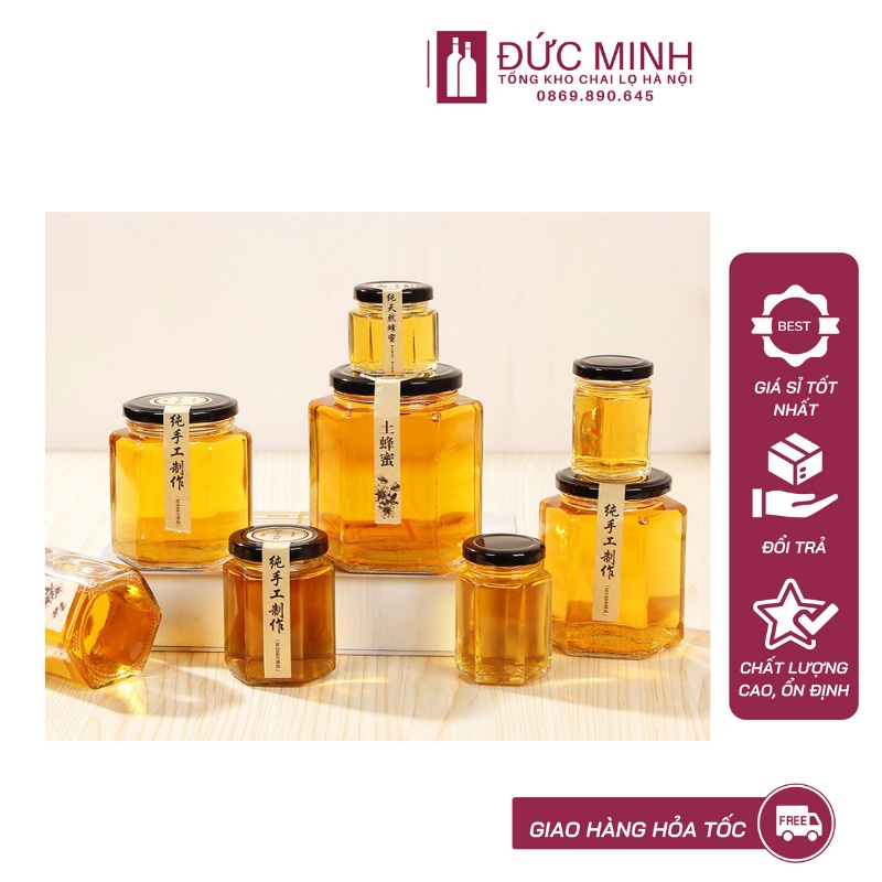 Hũ thủy tinh lục giác nắp thiếc đen loại tốt cứng cáp