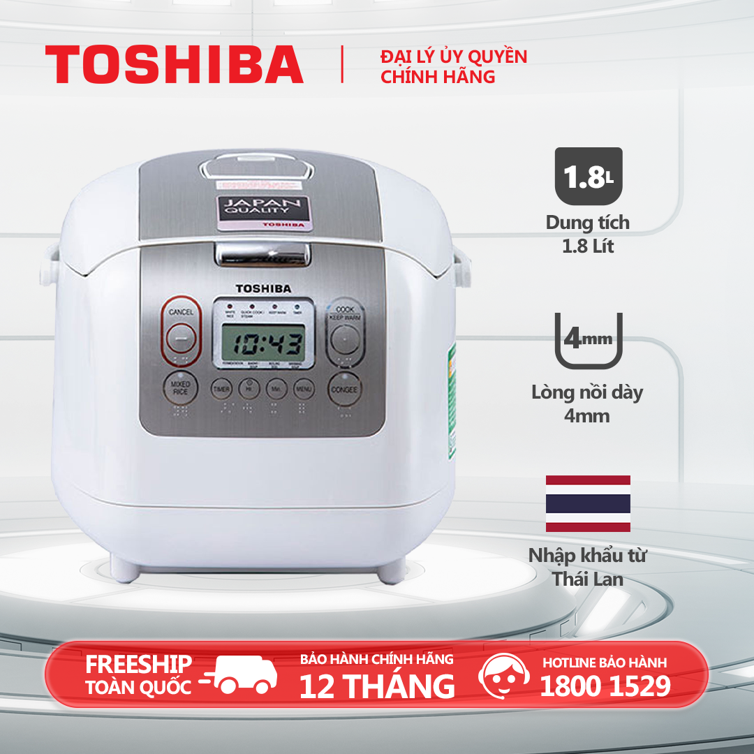 Nồi cơm điện tử Toshiba 1.8 lít RC-18NMFVN(WT) - Xuất xứ Thái Lan, Có xửng hấp Van thoát hơi thông minh, Hẹn giờ 24 tiếng, Giữ ấm lên đến 30 tiếng - Hàng chính hãng bảo hành 12 tháng, chất lượng Nhật Bản