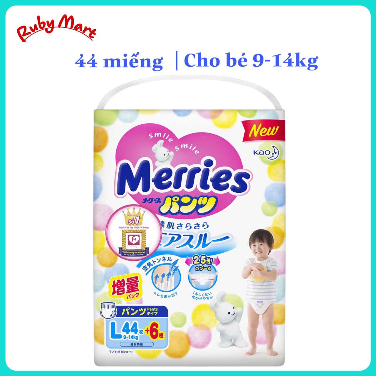 Bỉm tã quần merries size l 44 + 6 miếng