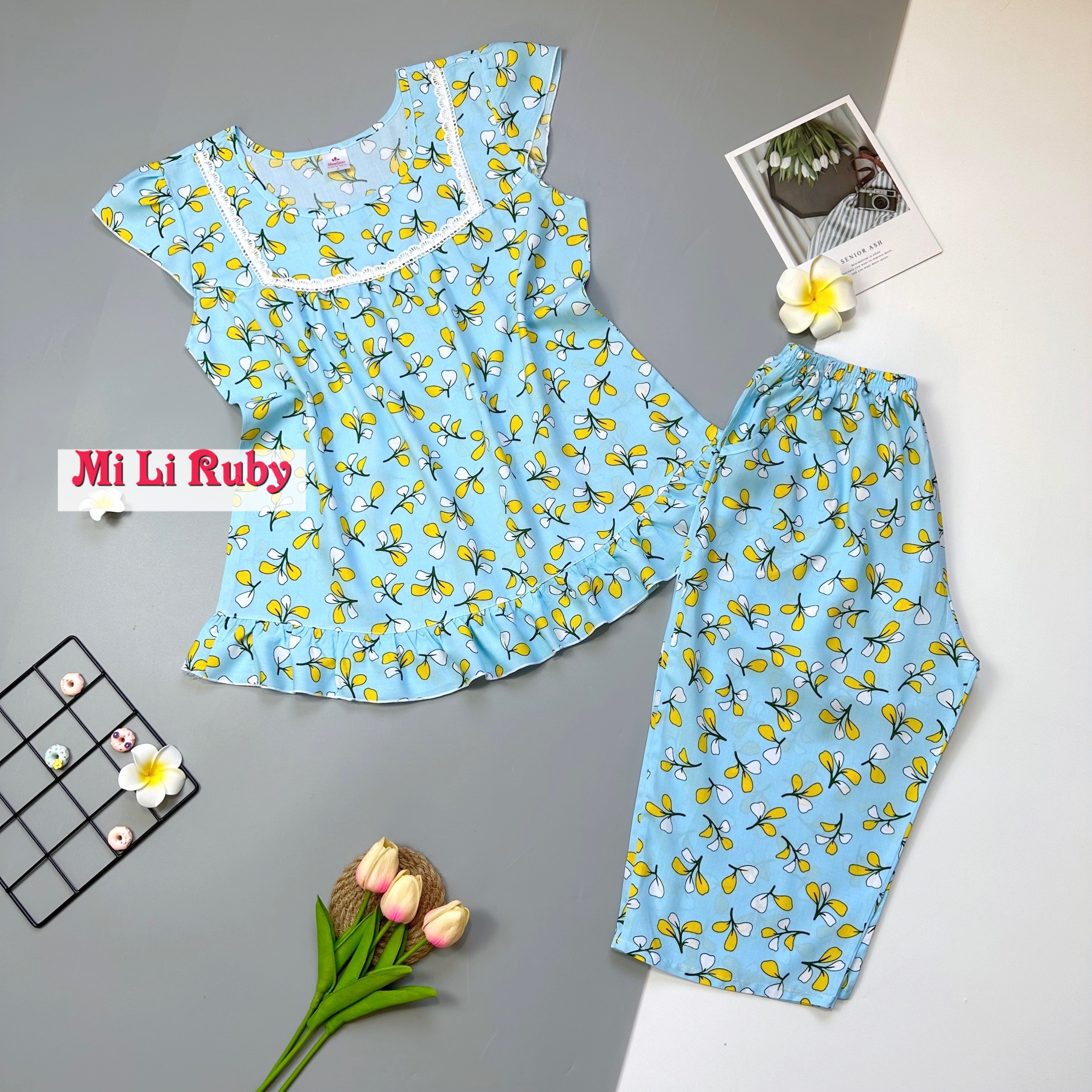 Bộ lanh mặc nhà, đồ bộ tole nữ Shop MiLi Ruby quần lửng có 2 túi