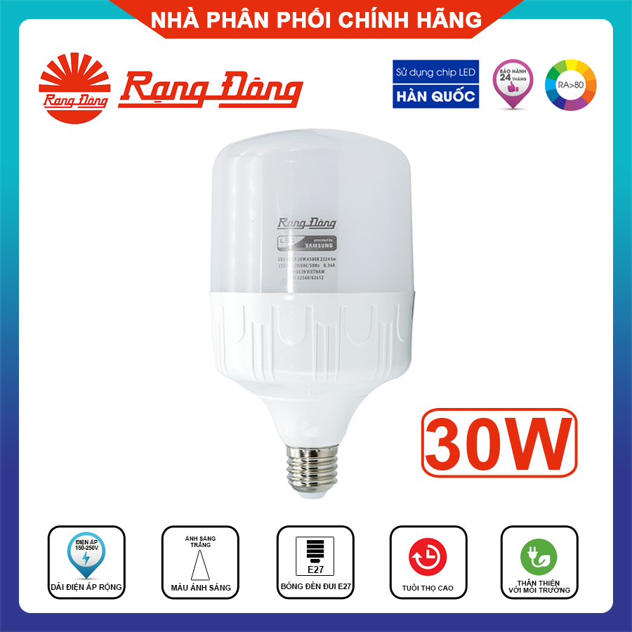 Rạng đông, bh 2 năm, bóng đèn led bulb trụ tr100n1/30w e27 6500k, hàng chất lượng