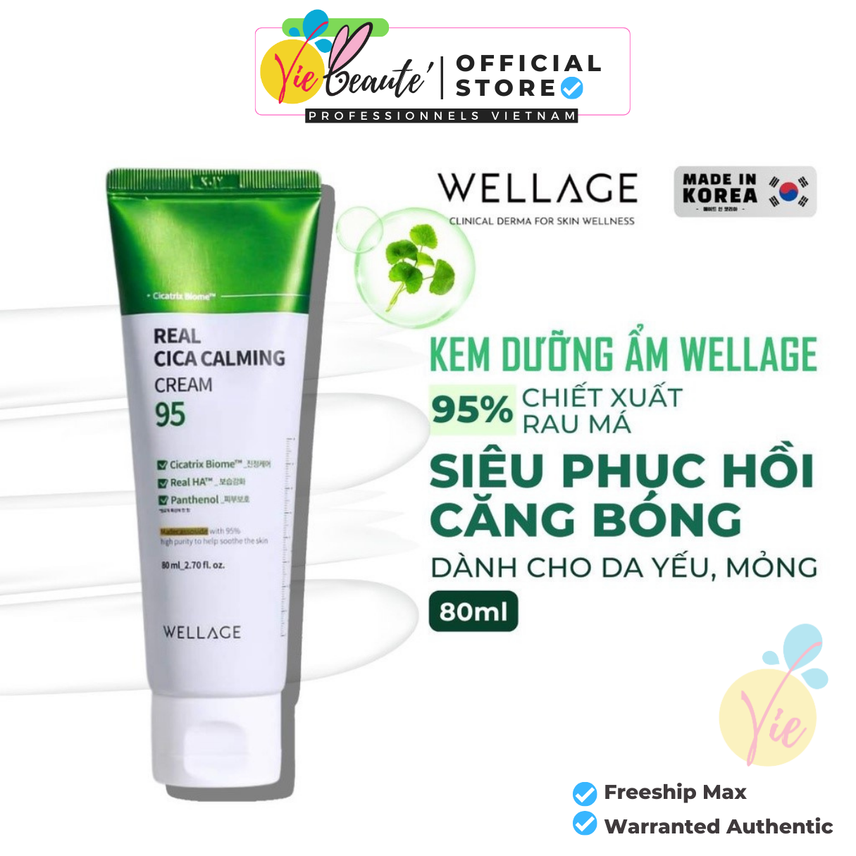 Kem dưỡng ẩm, phục hồi da wellage real cica calming 95 cream 80ml