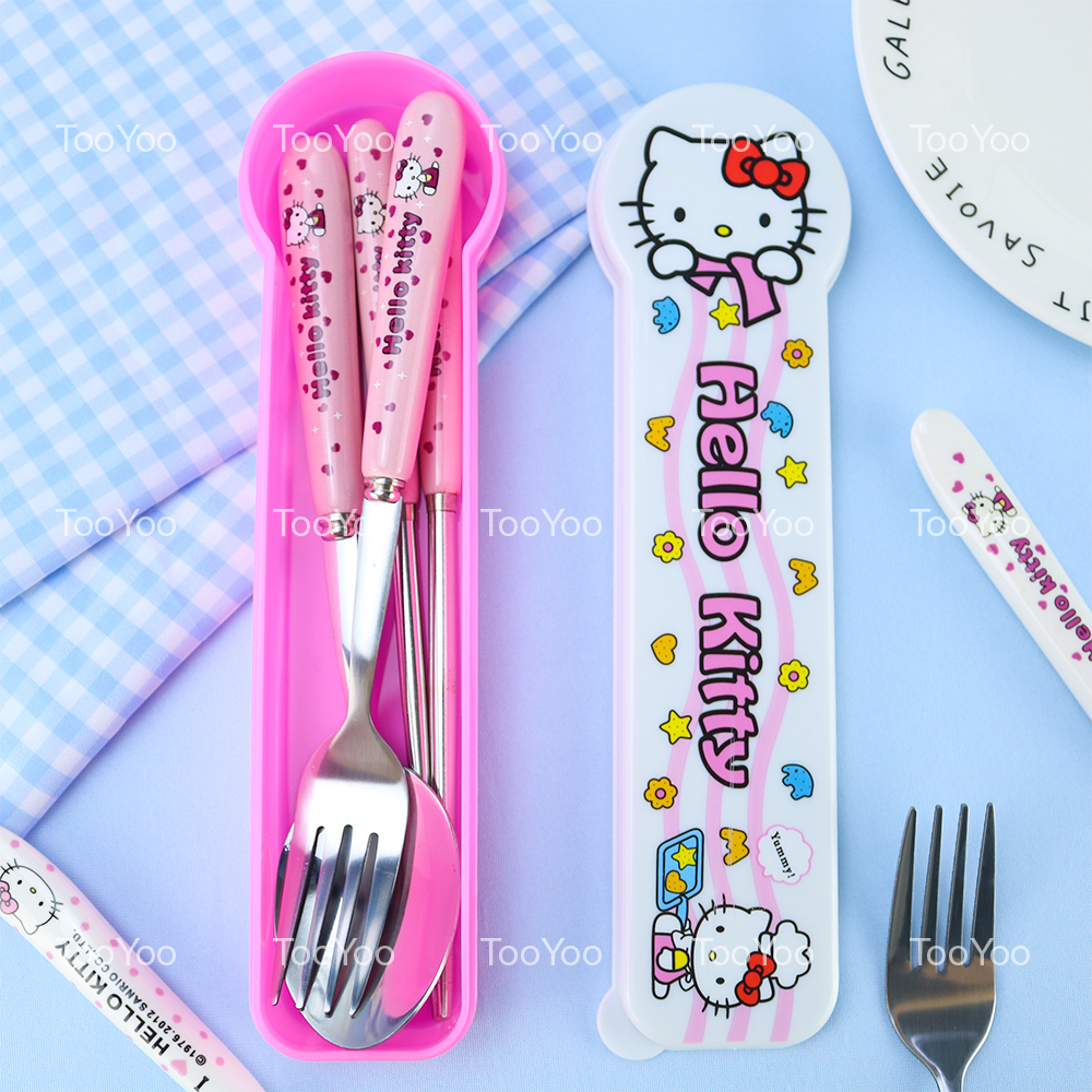 Bộ muỗng nĩa đũa cán sứ Hello Kitty dễ thương cute HK0001