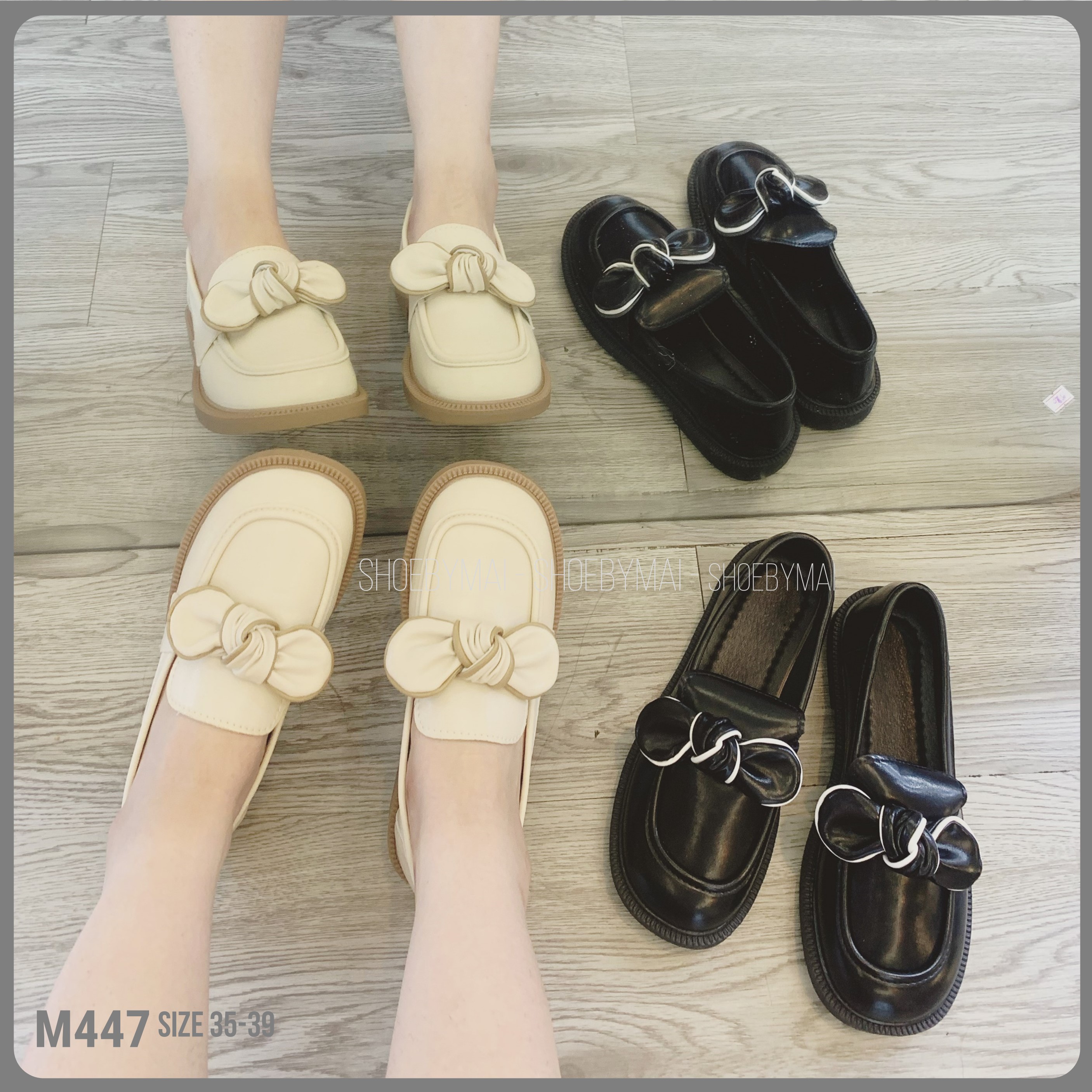 Giày đế bằng nơ Anh reto da lì mềm M447