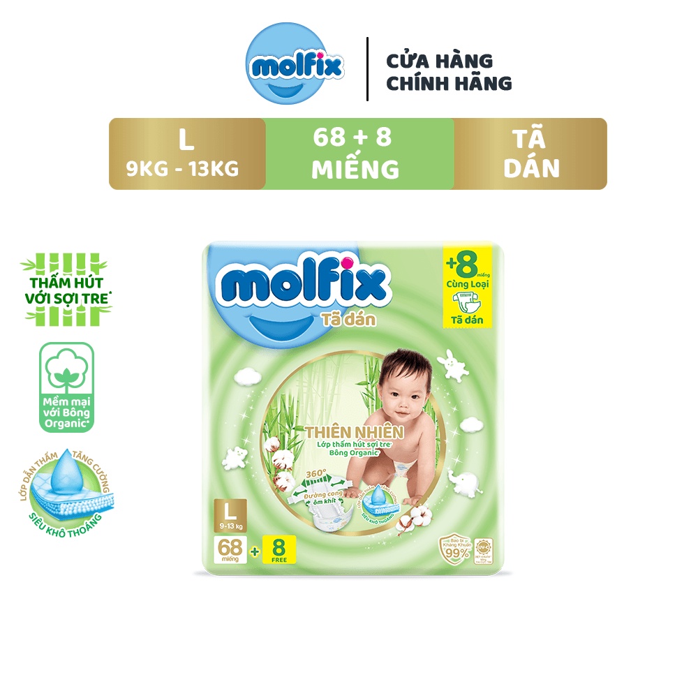 (TẶNG 8 MIẾNG) Tã/bỉm Dán Molfix Thiên Nhiên Super Jumbo L (9kg - 13kg) - Gói 68+8 Miếng.