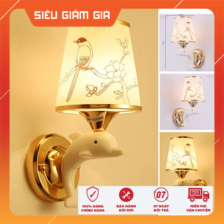 Đèn treo tường phòng ngủ hình con cá heo, chao thủy tinh cao cấp