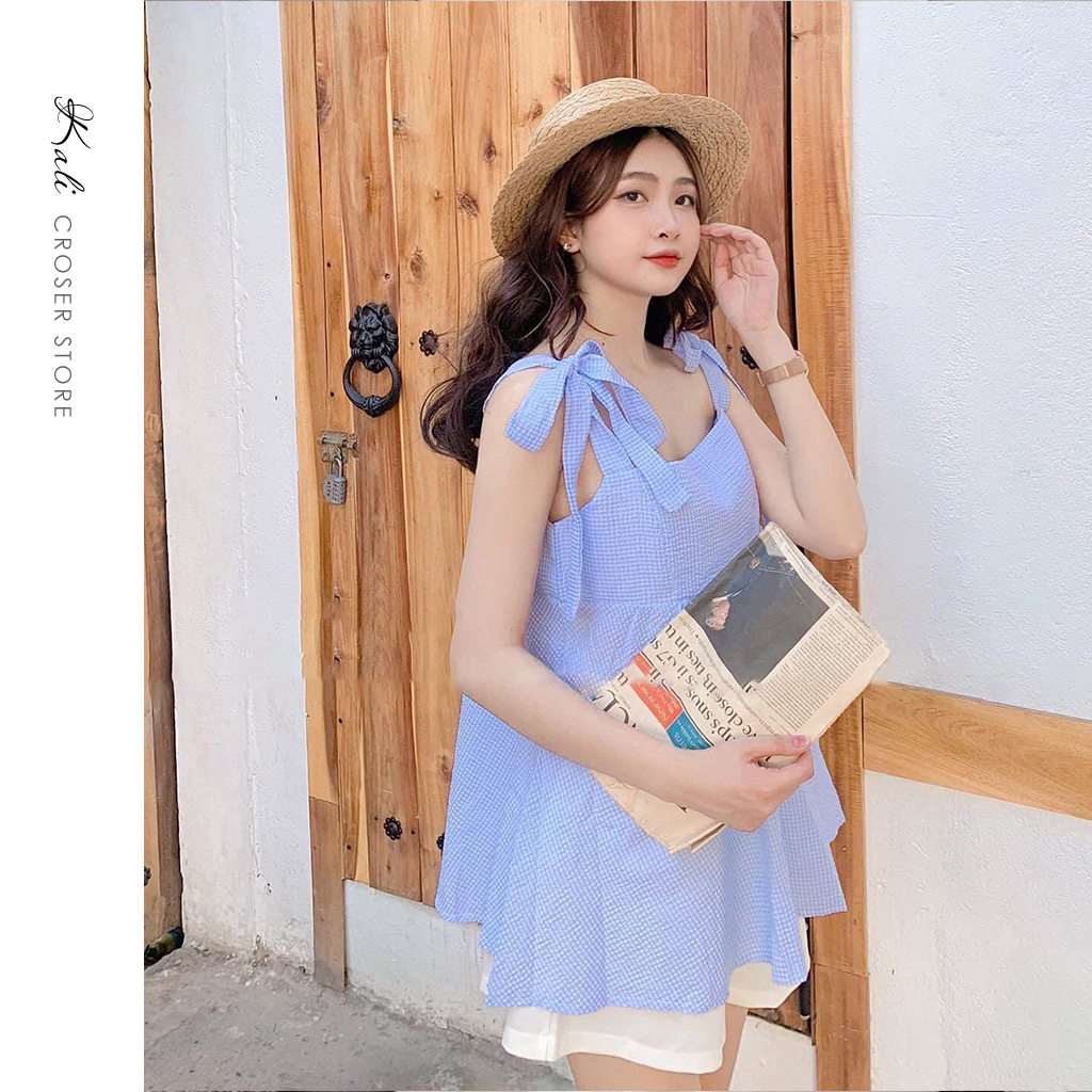 Sét áo babydoll 2 dây buộc nơ kẻ xanh kèm quần sooc trắng dễ thương siêu đáng yêu - Kali. Closer Store