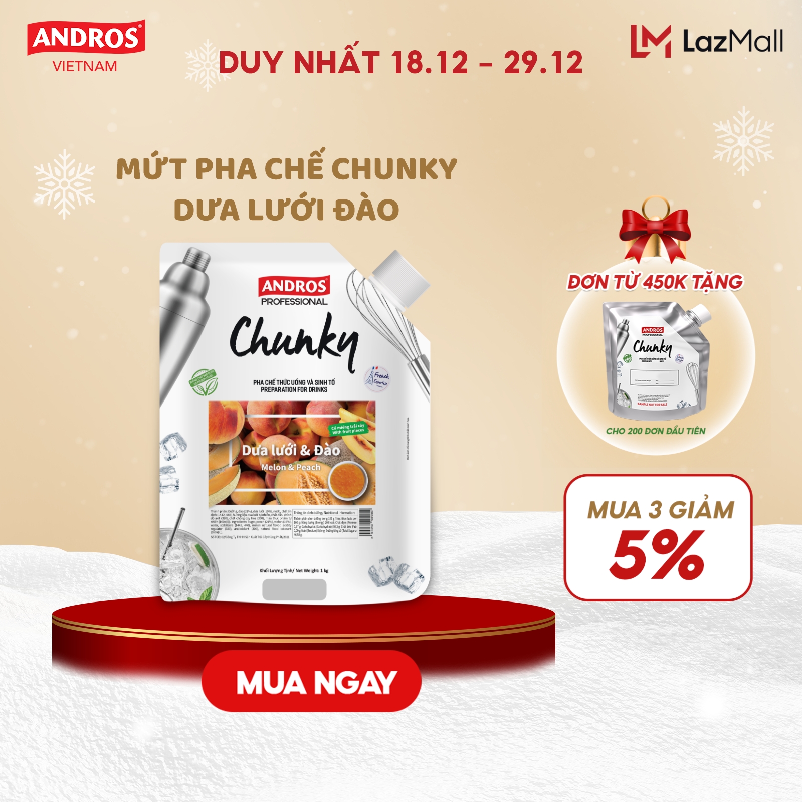  Mứt Pha Chế Dưa Lưới & Đào - Có miếng trái cây thật - Nguyên liệu pha chế - ANDROS CHUNKY - 1kg 