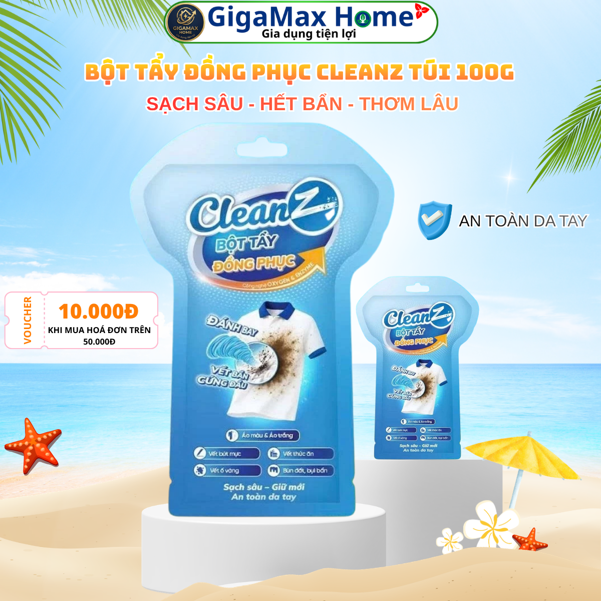 Bột Tẩy Trắng Đồng Phục CleanZ 100g – Đánh Bay Ố Vàng, Vết Dầu Mỡ & Bùn Đất Siêu Tốc | GigaMax Home