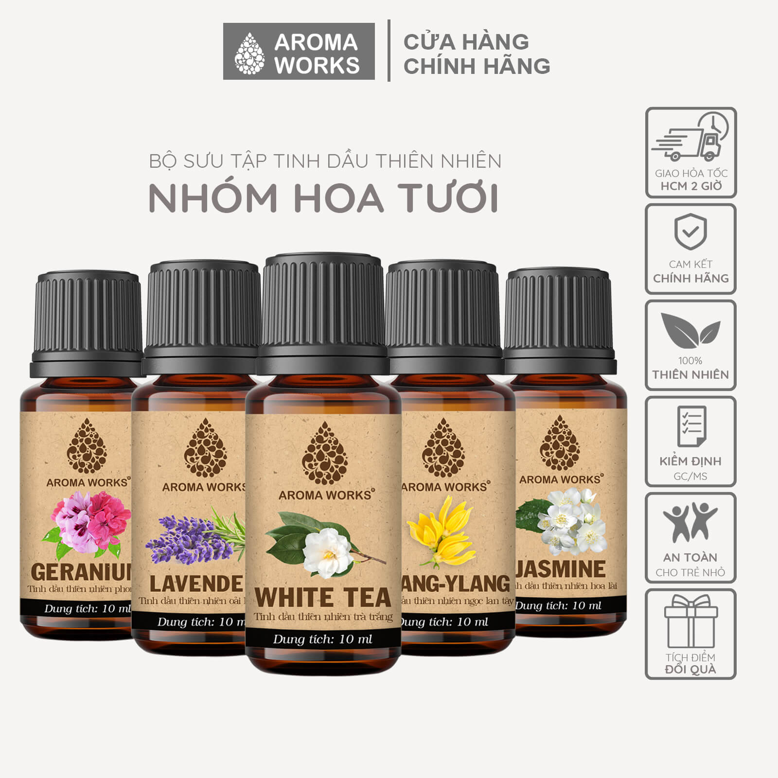 Tinh dầu thơm phòng aroma works hoa oải hương - hoa lài - phong lữ - trà trắng - ylang làm nến thơm 10ml