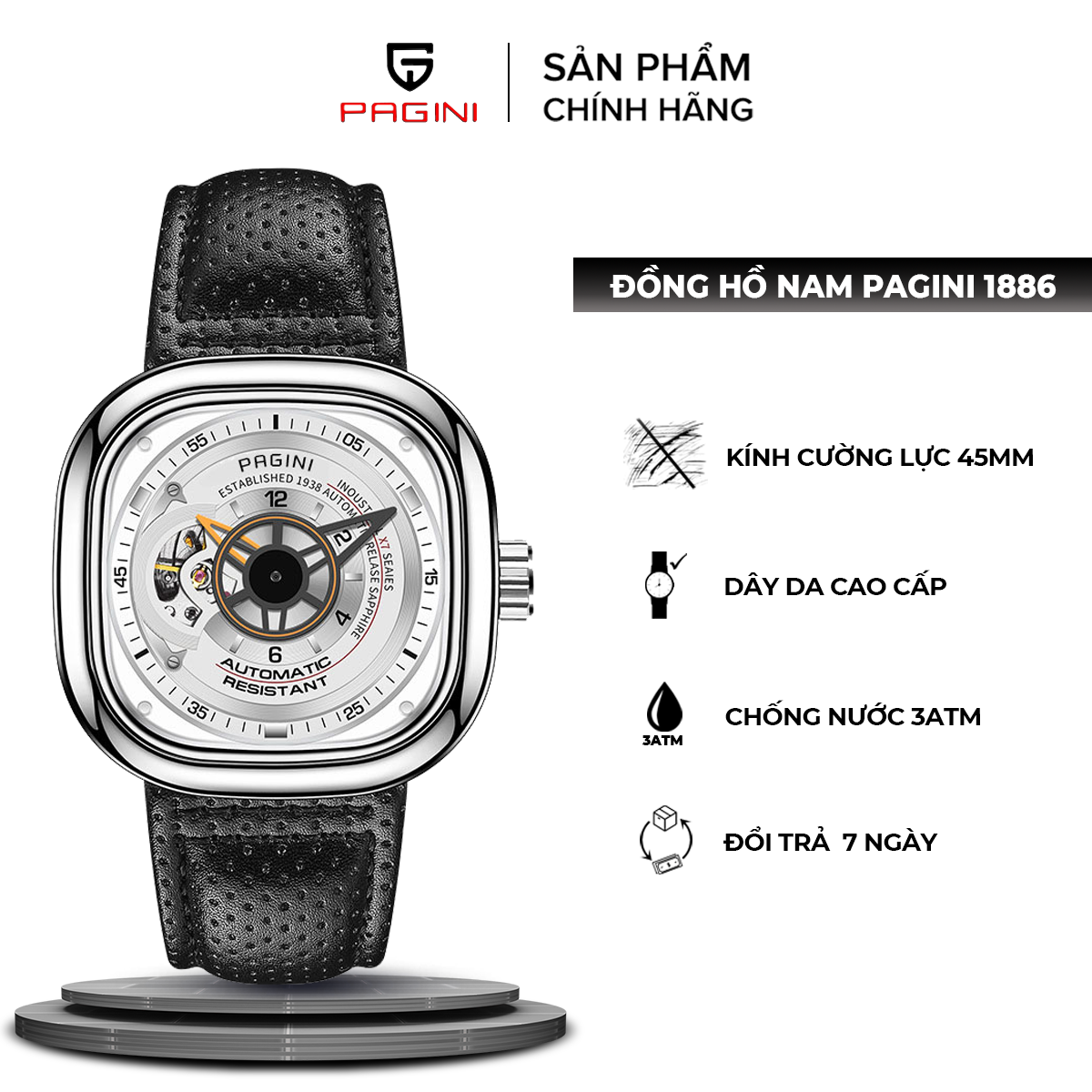 Đồng hồ cơ nam PAGINI PA1886 đồng hồ thời trang nam automatic dây da cao cấp mặt vuông, kính chống xước