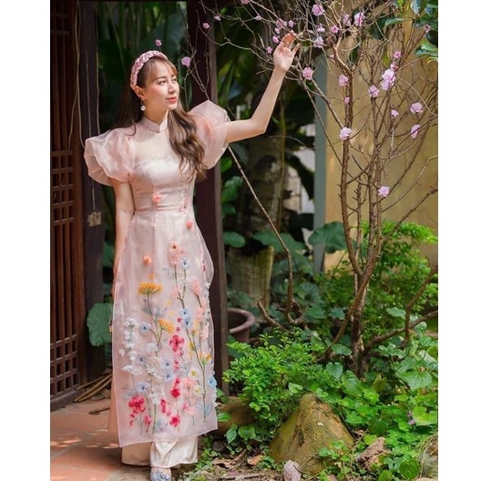 Áo dài cách tân nữ đính hoa tay bồng cao cấp - A21