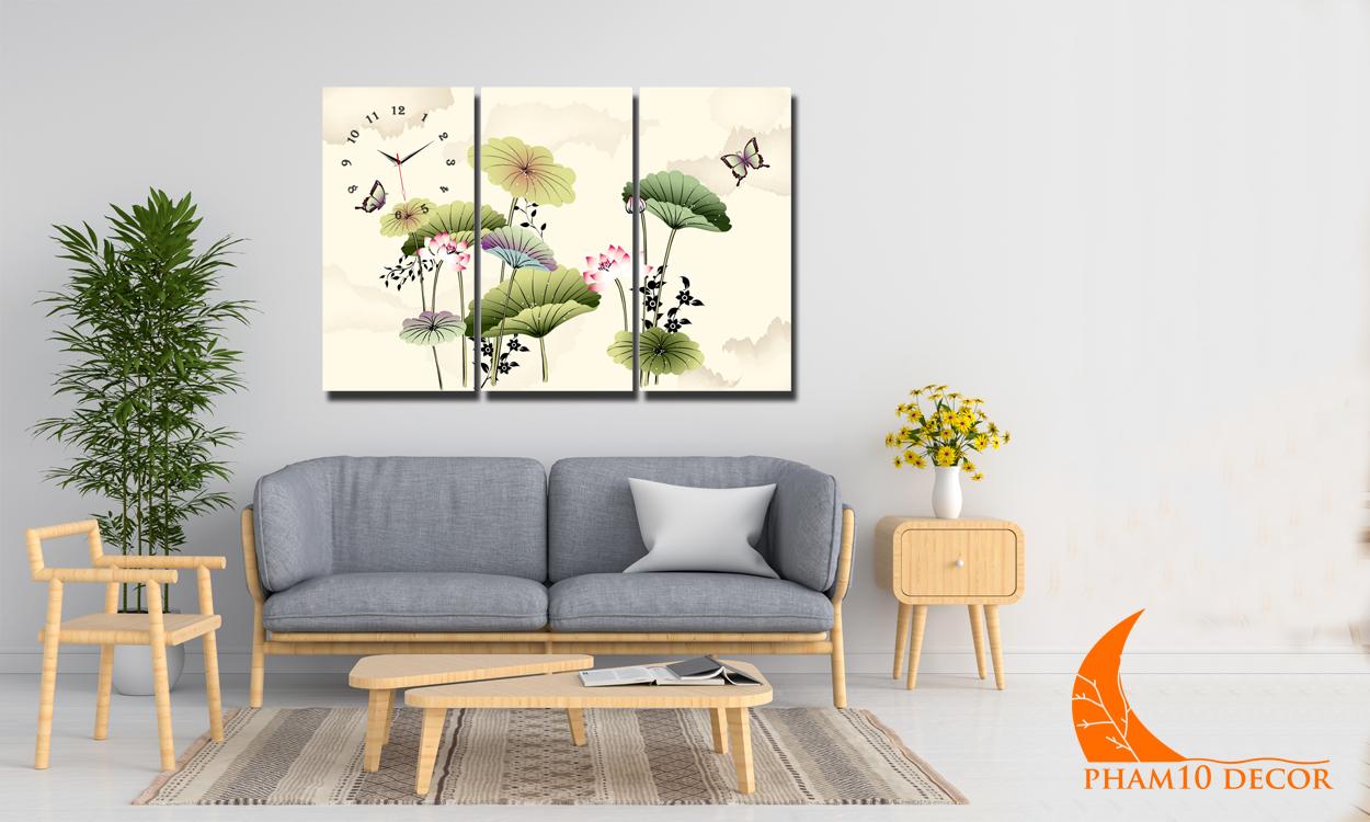Tranh đồng hồ đẹp Đồng hồ treo tường Tranh treo tường Đồng hồ xem giờ Tranh trang trí Tranh đồng hồ treo tường hoa sen đẹp P10-TW1016