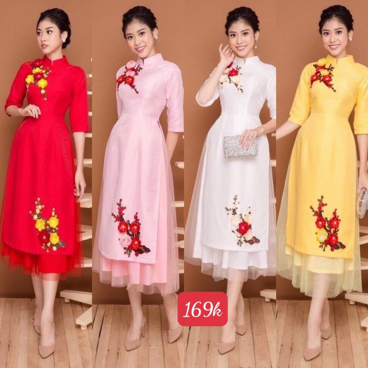 Áo dài tết áo dài cách tân tết dáng suông thêu hoa nổi thời trang mùa xuân