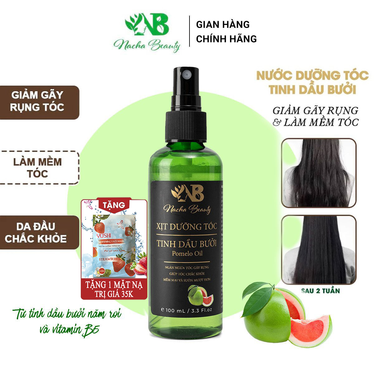 ( tặng mặt nạ ) Dưỡng tóc tinh dầu vỏ bưởi Pomelo Nacha Beauty 100ml giúp cải thiên tóc gảy rụng, kích thích mọc tóc hiệu quả