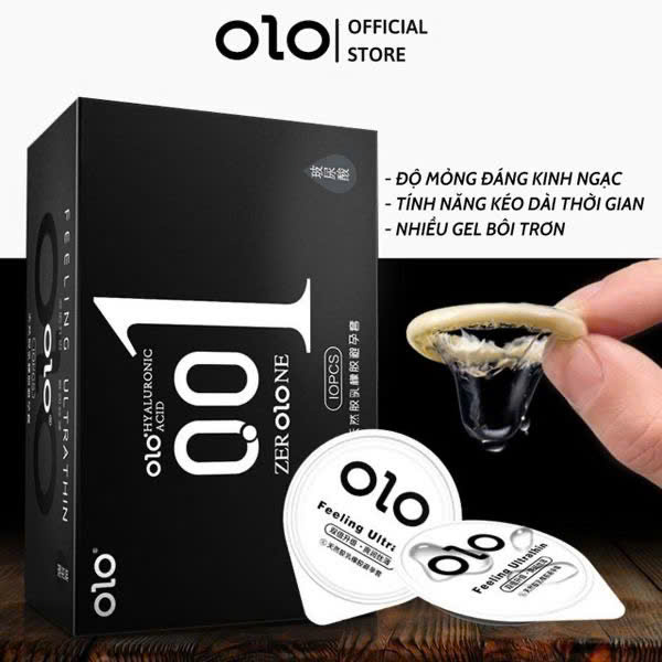 (Che tên-10 cái) Bao cao su siêu mỏng OLO 001 Đen Siêu mỏng nhiều gel bôi trơn kéo dài thời gian quan hệ hương vani Feeling Ultrathin - Hộp 10 bao