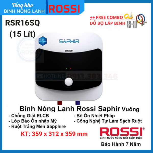 Bình nóng lạnh gián tiếp Rossi Saphir Vuông RS16SQ (15 Lít)-  bảo hành 7 năm, hàng chính hãng Tân Á Đại Thành