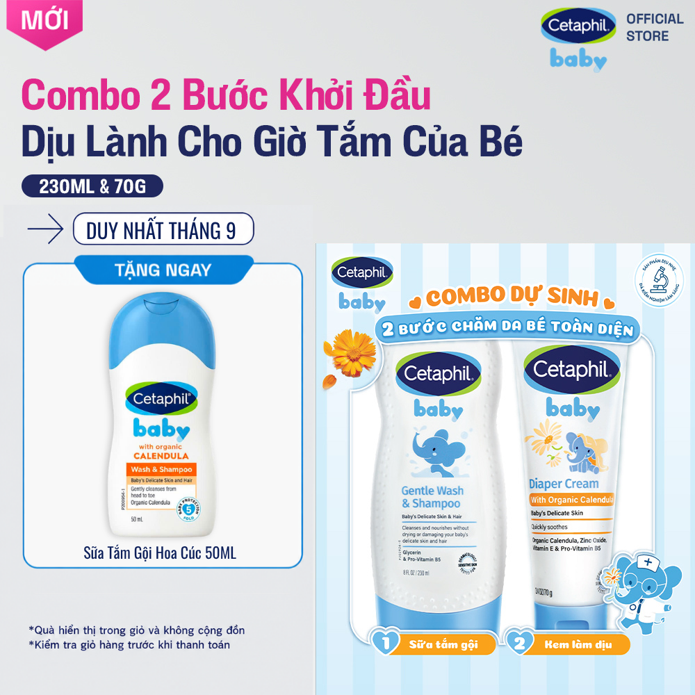 [COMBO DỰ SINH] Sữa tắm gội dịu lành cho bé CETAPHIL BABY GENTLE WS 230ML  Kem chống hăm tã dịu lành CETAPHIL BABY DIAPER CREAM CALENDULA 70G