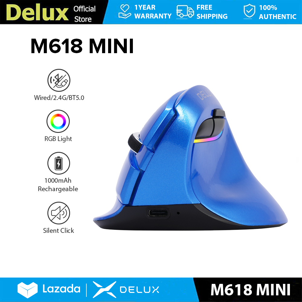 Delux M618 MINI Chuột dọc có dây & không dây Tiện dụng MAX 4000 dpi 2.4G Bluetooth 6 nút có đèn RGB Silent Click Kích thước S dành cho bàn tay nhỏ Quang học cho PC/Laptop/Windows/Mac Blue