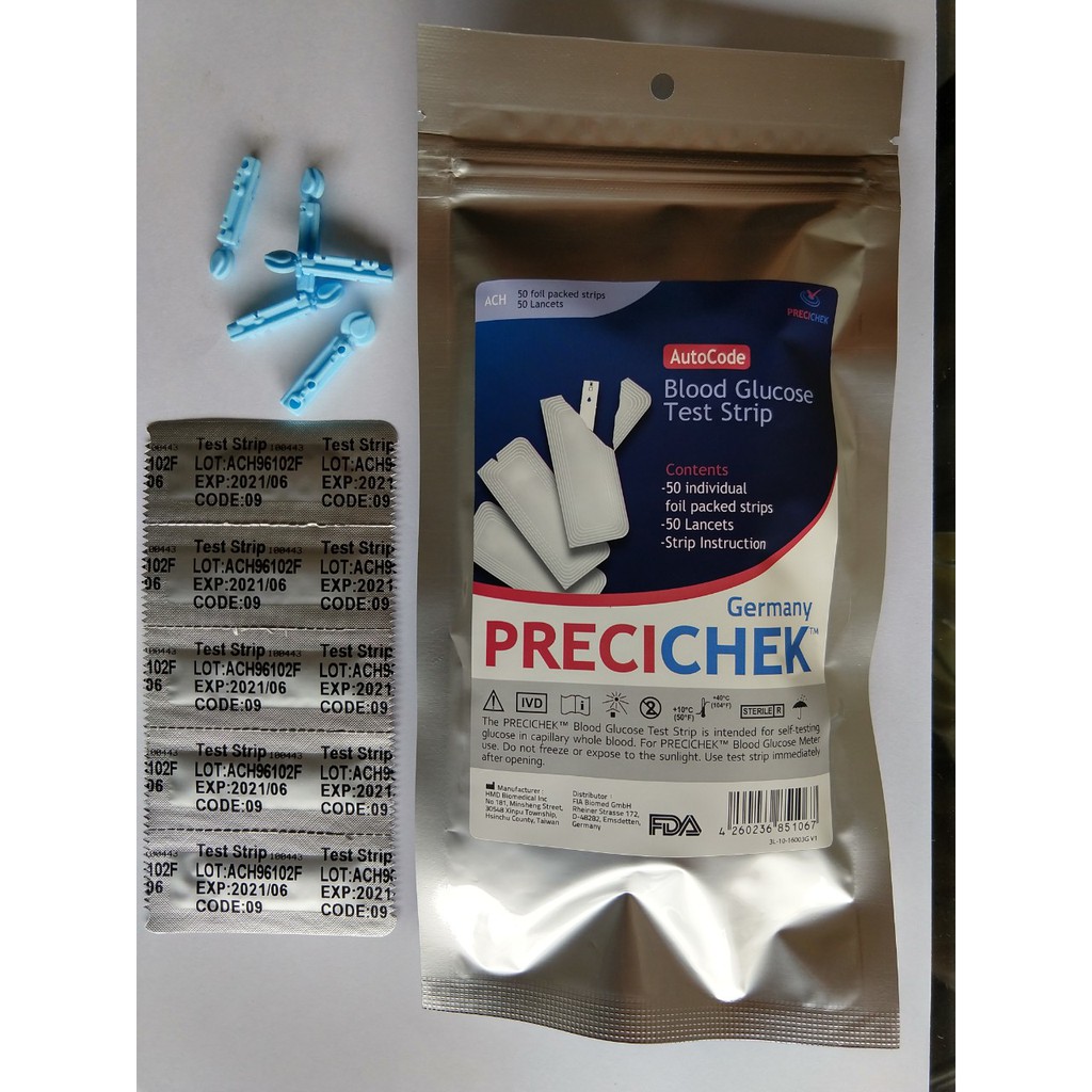 [HCM]COMBO Que đo đường huyết Precichek (50 que +50 Kim lấy máu)