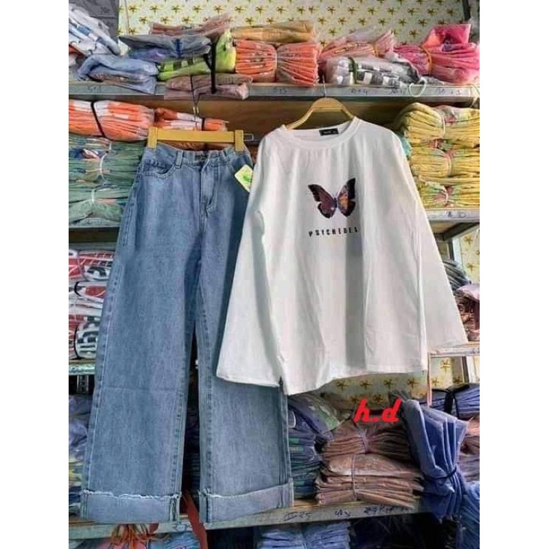 Sét áo bướm box tay dài+quần bò ống rộng gấu rua , Áo thun nam nữ, quần kaki, quần nữ, sét bộ mặc ở nhà, áo thun tay dài, quần jean ống rộng - LEEDA